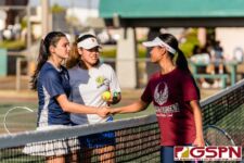 The High School Girls Tennis Doubles finished quarterfinals play late Tuesday afternoon, March 3, 2020, at Tamuning courts. (Photo by Michael Blas)