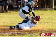 GW Gecko catcher Kessler Tudong outs ND Royals Dominic Cruz before he can make it home. (Photo by Michael Blas)