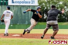 JFK Islander Vince Camacho runs past third base and makes his way to home plate off an RBI by Zion Benavente to put the Islanders up 2-1 in the 7th inning. (Photo by Michael Blas)