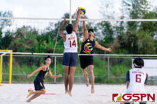 The FD Friars Maroon (Kiko Damian/Thomas Moylan) and FD Friars Gold(Joseph Mafnas/Deavan Hudtohan) faced off for first place in the 2021 IIAAG Boys Beach Volleyball Finals. (Photo by Michael Blas)