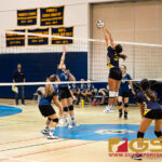 Guam High Panthers Alexia Brown blocks another spike from Harvest Christian Academy Eagles Aya Cathey. (Photo by Michael Blas)