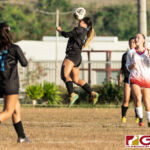 St. Paul Warriors Tiffani Lopez connects with a header off the Knights reset. (Photo by Michael Blas)
