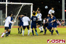 JFK Islanders and Harvest Eagle crowd the box on a corner kick in the first half of the game. (Photo by Michael Blas)