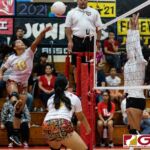 GW Gecko Abrienne Chargualaf gets a hit on the ball in the third set of the game. (Photo by Michael Blas)