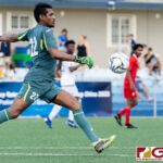 Maldives Goal Keeper Mohamed Faisal on a clear early in the second half of the game. (Photo by Michael Blas)