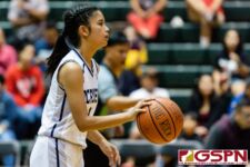 Academy Cougar Maria Taitano carries the rock down court in the second half of the game. (Photo by Michael Blas)