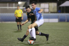 Sidekicks SC's GianCarlo Abril attempts to keep it away from Islanders FC's Kioumars Rezaie during a Week 11 match of the Budweiser Soccer League Premier Division Friday at the Guam Football Association National Training Center. The Islanders won 6-1.