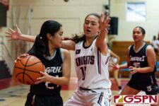 Sanchez Shark Zyla Soriano makes a move around Knights Kaia Malakooti in the first quarter of the game. (Photo by Michael Blas)
