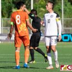 Bhutan captain Karma Shedrup Tshering and Matao captain Jason Cunliffe hash it on the pitch after a penalty. (Photo by Michael Blas)