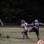 Okkodo Bulldogs Conan Baza loses the football after getting pressured by the Sharks defense. He would eventually recover his fumble. (photo by Bout It Productions)