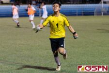 Harvest Eagle Marcus Del Rosario celebrates after their 1-0 victory over the JFK Islanders to become the 2019 IIAAG High School Boys Soccer Champions. (Photo by Michael Blas)