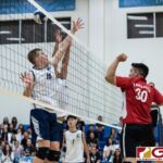 St. John's Knights Matthew Del Carmen tips the ball past Eagles Chase Kieth and Kaito Atsuta. (Photo by Michael Blas)