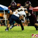 FD Friar Elijah Calvo, left, and Caleb Murphy swarm on Panther RB Julius Gadouang. (Photo by Michael Blas)