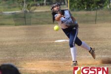 Cougars starting pitcher Isabella Dangan lets go a pitch in the 1st inning. (photo by Robert Balajadia)