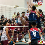 FD Friars Tony Quinene spikes through Okkodo defenders Rylen Cajigel and James Quenga. (Photo by Michael Blas)