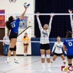 ND Royal Austia 'T.N.T' Mendiola goes in for a tip ball over Cougars Jaeana Reyes and Rebecca Salas. (Photo by Michael Blas)