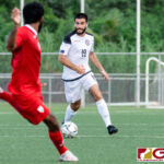 Guam Matao Midfielder Mike Crowley brings the ball forward into the Maldives half of the field. (Photo by Michael Blas)