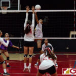GW Gecko Abrienne Chargualaf moves in for a tip while St. John's Knight Kaia Malakooti contests. (Photo by Michael Blas)