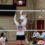St. John's Knight Tylee Shepherd loads up for a kill over Harvests Angel Brunson. (Photo by Michael Blas)