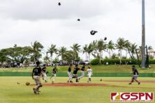 The JFK Islanders celebrate after holding down the ND Royals in the final inning of the game to capture the 2019 IIAAG Baseball Championship. (Photo by Michael Blas)
