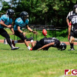Sanchez Shark Adin Lumba fumbles as Southern Dolphins Lawrence Aflague and Dean Caldwell look to recover. (Photo by Michael Blas)