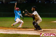 ND Royal Brandon Tuquero makes it to home plate safely before GW Gecko Aiden Gumatatao can make the tag. (Photo by Michael Blas)