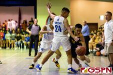 ND Royals Kevin Tainatongo and Noah Taimanglo double team Guam High Panther Lio Logan for a turnover. (Photo by Michael Blas)