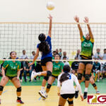 ND Royal Minami Rabago tips left away from Islander blocker Kamalynne Lizama. (Photo by Michael Blas)
