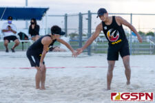 The FD Friars Maroon (Kiko Damian/Thomas Moylan) and FD Friars Gold(Joseph Mafnas/Deavan Hudtohan) faced off for first place in the 2021 IIAAG Boys Beach Volleyball Finals. (Photo by Michael Blas)