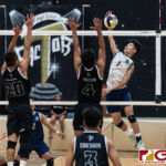 Harvest Eagles JR Noh attacks as Titans Jericho Snaer and Richard Santos go up for the block. (Photo by Michael Blas)