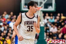 FD Friar Matt Fegurger makes his way down court in the fourth quarter of the game. (Photo by Michael Blas)