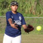 Southern's Jeralia Martinez went the distance, pitching all innings for the Blue Team. Sanchez Shark Ginae Joseph tries to tag a sliding runner for an out. (photo by Robert Balajadia)