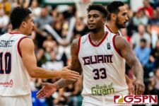 Guam's Earnest Ross and Willie Stinnett celebrate after drawing a foul for a shot at the charity line. New Zealand defeated Guam 113-94 in the FIBA Asia Cup 2021 Qualifiers match. (Photo by Michael Blas)