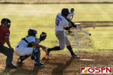GW Gecko MJ Babauta takes a swing at the ball in the fourth inning of the game. (Photo by Michael Blas)