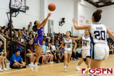 GW Gecko Alana Salas sinks in a wide open three pointer in the third quarter of the game. (Photo by Michael Blas)