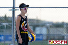 The FD Friars Maroon (Kiko Damian/Thomas Moylan) and FD Friars Gold(Joseph Mafnas/Deavan Hudtohan) faced off for first place in the 2021 IIAAG Boys Beach Volleyball Finals. (Photo by Michael Blas)