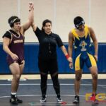 Father Duenas Friars Matias Calvo pins Guam High Panthers Julio Rosas in the 195 pound division of the 2018 IIAAG high school boys wrestling match. (Photo by Michael Blas)