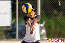 The FD Friars Maroon (Kiko Damian/Thomas Moylan) and FD Friars Gold(Joseph Mafnas/Deavan Hudtohan) faced off for first place in the 2021 IIAAG Boys Beach Volleyball Finals. (Photo by Michael Blas)