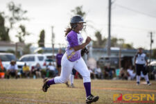 GW Geckos Eliza Manglona takes off running to first base after her swing at bat. ( photo by Bout It Productions )