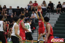 Bulldog Lenard Baul attempts a three from the corner late in the 4th quarter. (photo by Robert Balajadia)