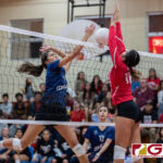 AOLG Cougars Laressa Halladay goes in for a kill shot while St. John's Knights Angeline Del Carmen gets up to block. (Photo by Michael Blas)