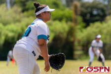 Southern Dolphin Jonese Taimanglo gets set at third base in the second inning. (Photo by Michael Blas)