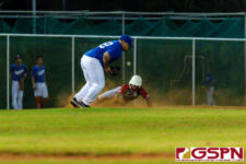 76 Cardinal Jeremiah Sablan slides into third base safely on an error by Crowns Paradise Performance Dodger Alejandro Diaz. (Photo by Michael Blas)