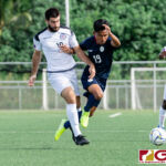 Guam Matao Midfielder Mike Crowley and Philippines Yrick Gallantes fight for the ball. (Photo by Michael Blas)