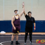 Father Duenas Friars Ethan Robinson wins the 285 pound division via forfeit. Father Duenas Friars Matias Calvo pins Guam High Panthers Julio Rosas in the 195 Division of the 2018 IIAAG high school boys wrestling match. (Photo by Michael Blas)