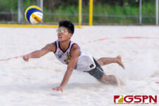 The FD Friars Gold (Aldan Sampson/Ethan Alvarez) faced off against the Guam High Panthers (Jared Aguon/Trey Rosario) for third place in the 2021 IIAAG Boys Beach Volleyball Finals. (Photo by Michael Blas)