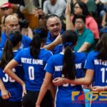 Notre Dame coach Art Stanley speaks to his team prior to the third set of the game. (Photo by Michael Blas)